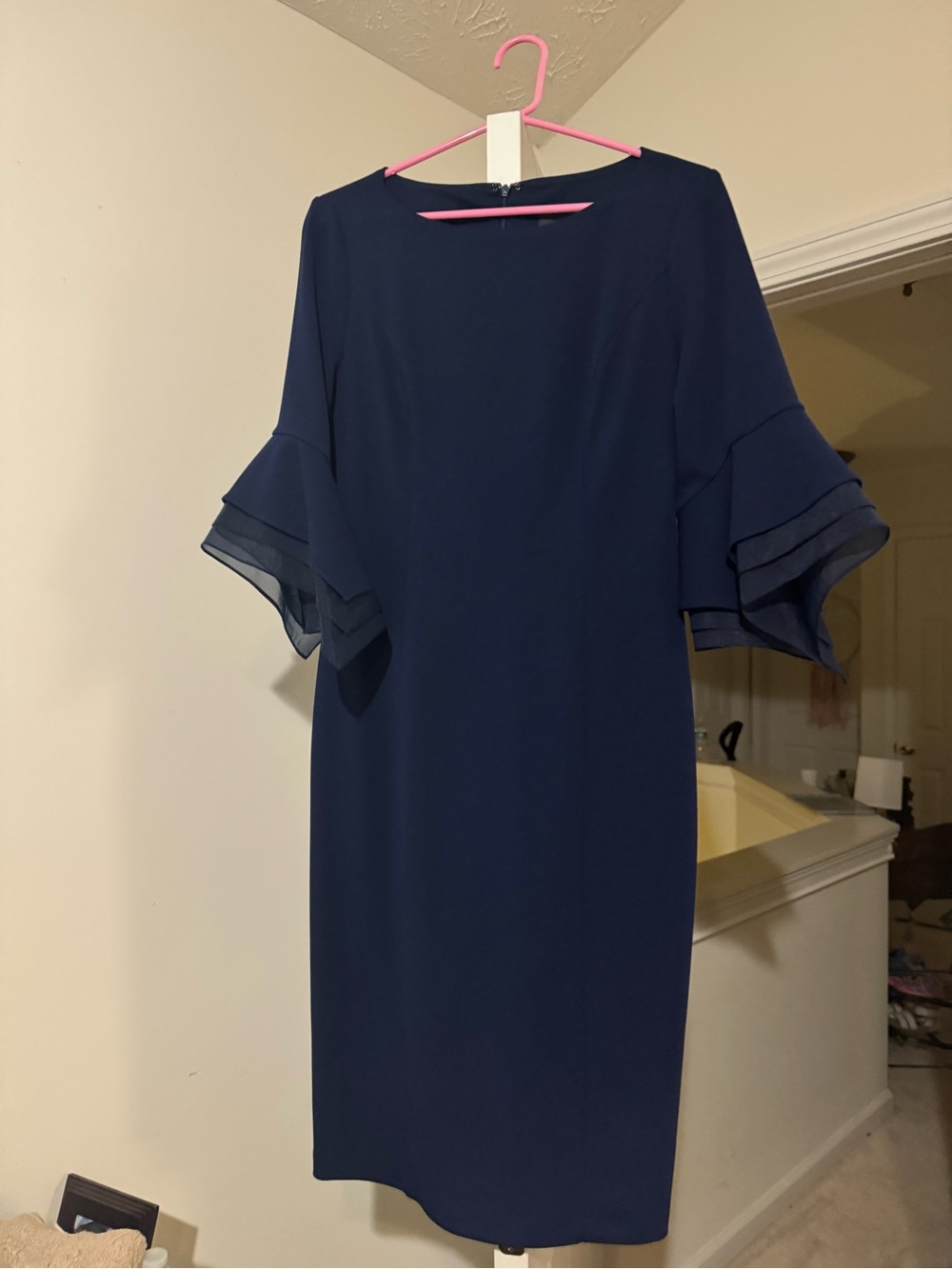 Elegant Navy Ruffle Sleeve Sheath Dress